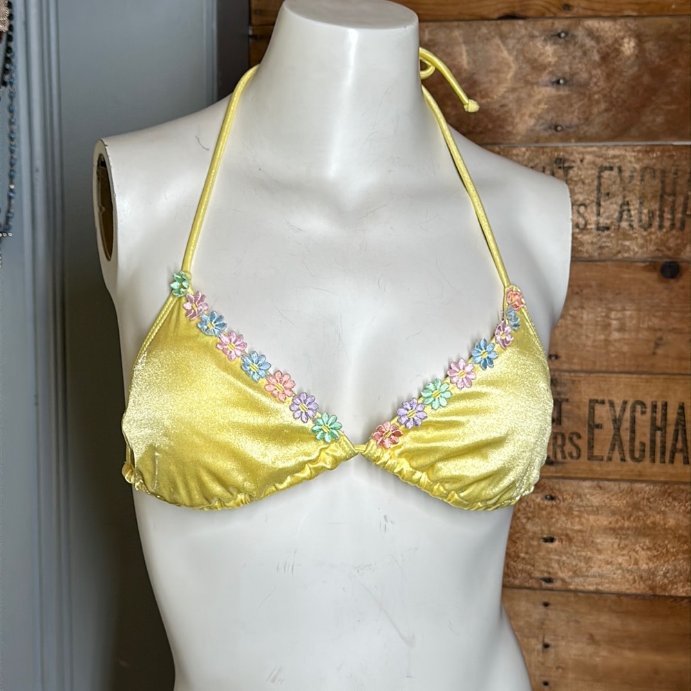 Vintage String bikini top yellow satin feel with pastel flower appliqué small